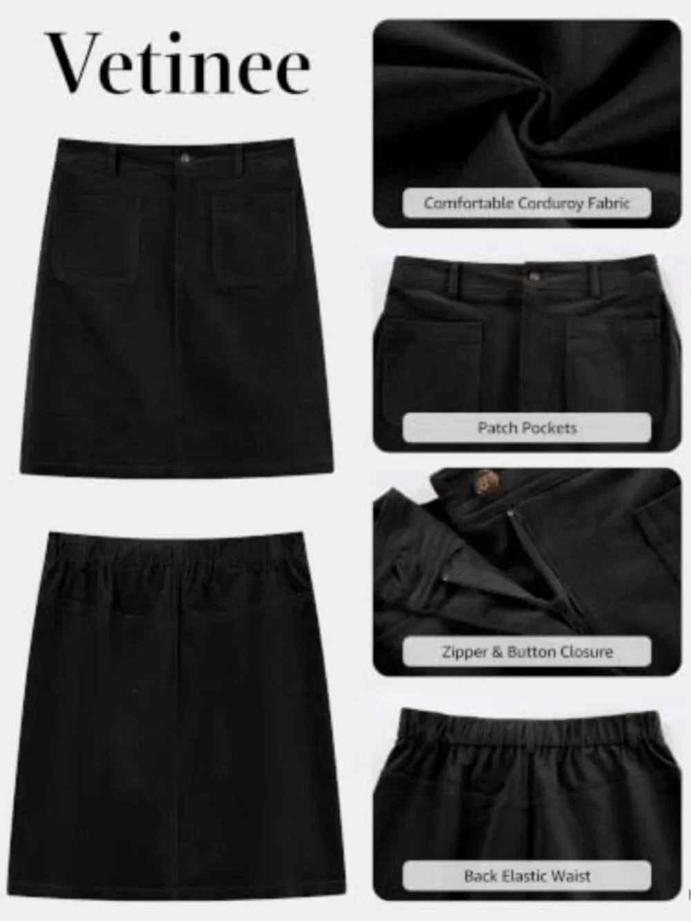 Corduroy A-Line Skirt High Waisted Stretchy Above Knee with Pockets